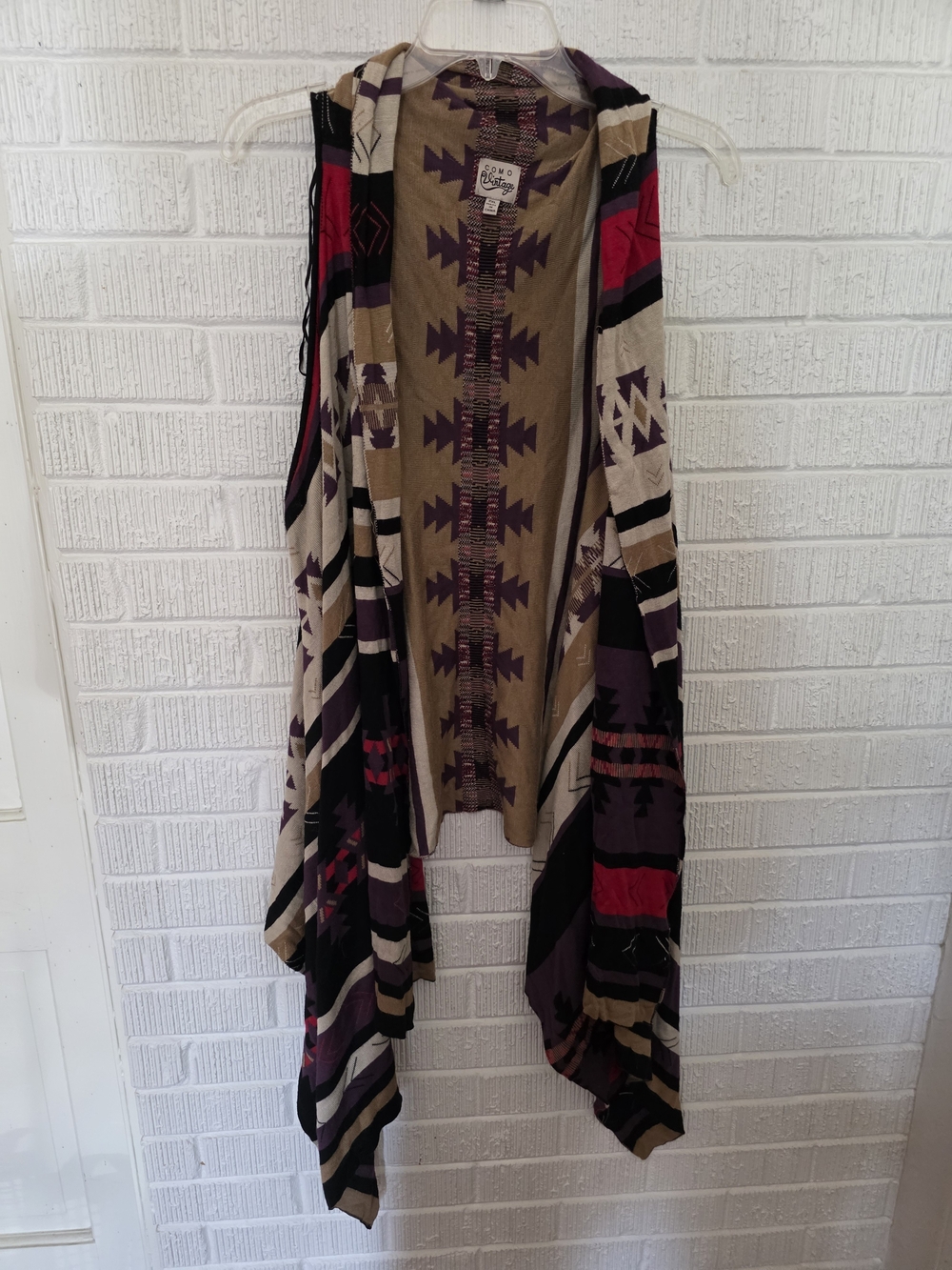 Como Vintage Asymmetrical Aztec Draped Vest in Tan, Purple & Red